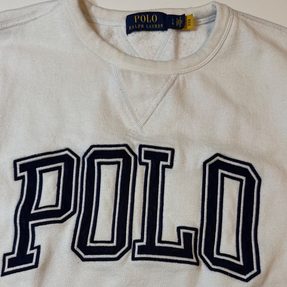 Polo Ralph Lauren Sweatshirt Mens Large White Fair Stained Applique Logo - Picture 4 of 11